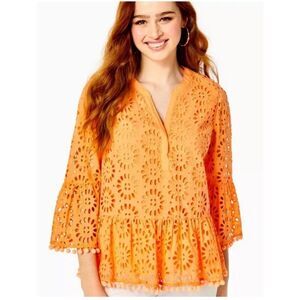 Lilly‎ Pulitzer Women's Bekah Eyelet 3/4 Sleeves Top Cantaloupe Orange Size XL